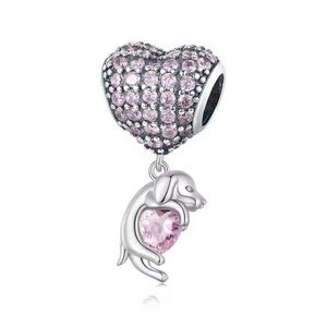 New S925 dachshund dog pink gemstone heart pandora style charm